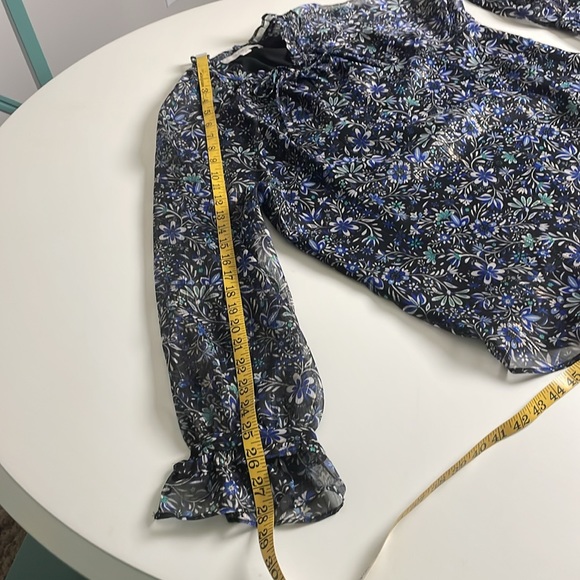 Loft Black-Blue-Green-Gray Flower Print Lined Sheer Long Sleeve Tunic- Medium - Picture 16 of 16